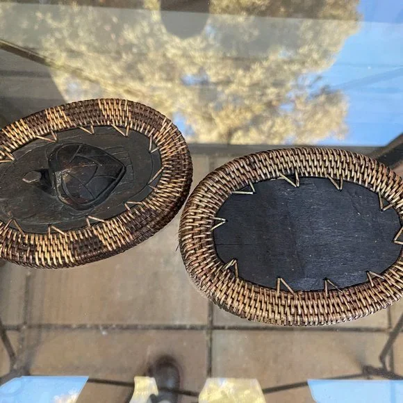 Vintage Carved Wooden Sea Turtle Woven Basket Wood Base Trinket Jewelry Box - Picture 4 of 4